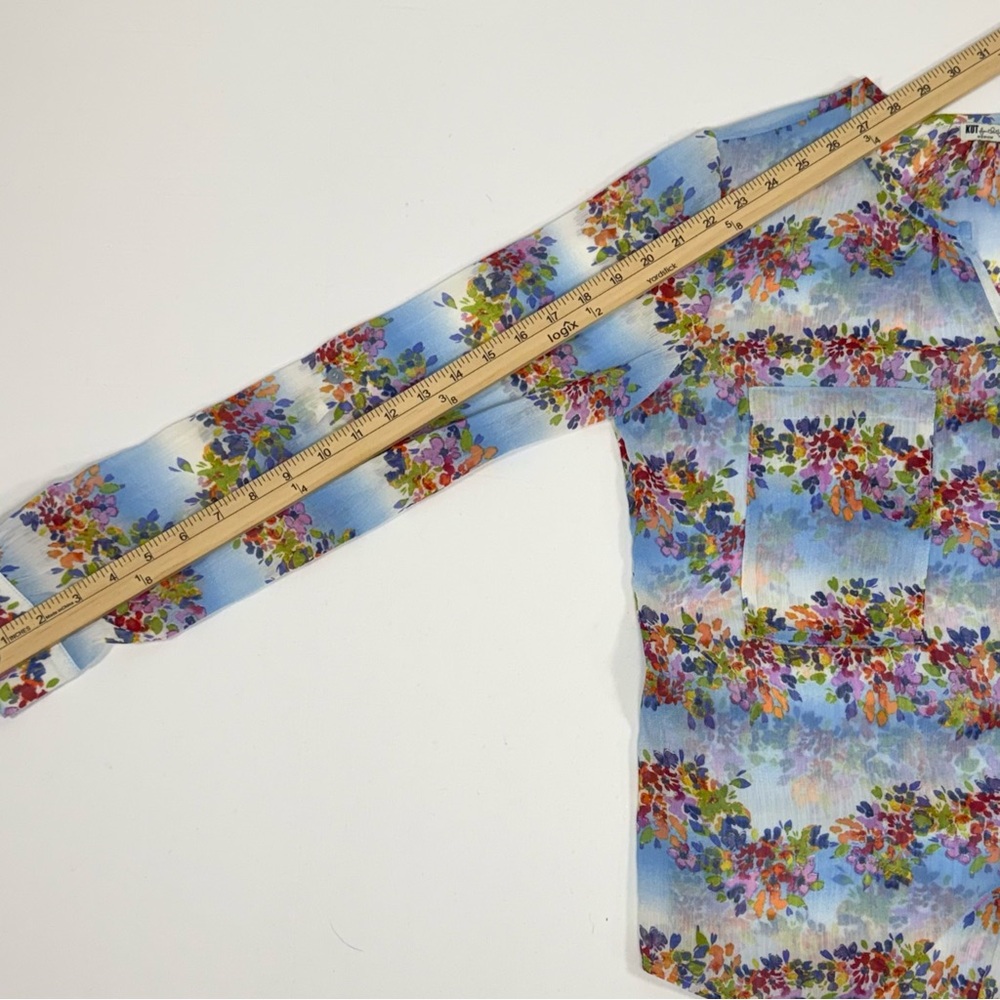 Floral Roll-Tab Kut from the Kloth Blue Chiffon Button Down Blouse Size M Medium - Picture 6 of 9